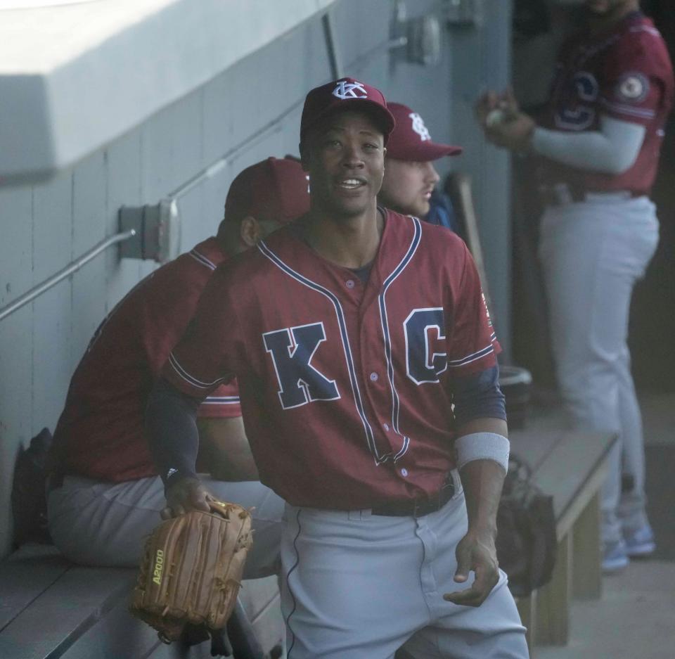 Keon Broxton, seen during a Kansas City Monarchs game Friday against the Lake County Dockhounds in Oconomowoc, is trying to work his way back to the major leagues.