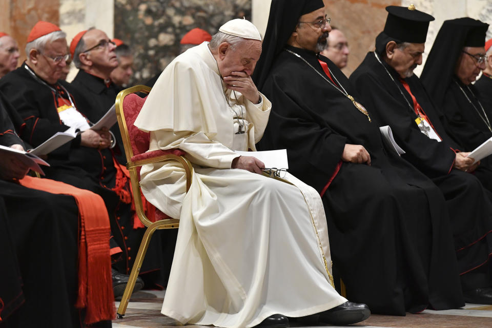 Pope Francis attends a penitential liturgy at the Vatican, Saturday, Feb. 23, 2019. The pontiff is hosting a four-day summit on preventing clergy sexual abuse, a high-stakes meeting designed to impress on Catholic bishops around the world that the problem is global and that there are consequences if they cover it up (Vincenzo Pinto/Pool Photo Via AP)