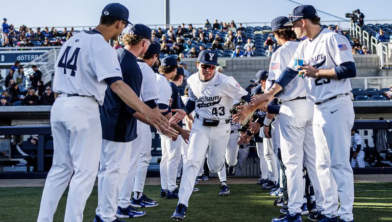 BYU shortstop Chad Call gets introduced prior to a game at Miller Park in Provo. Call is among a strong freshman class that is making a difference for the Cougars this season.