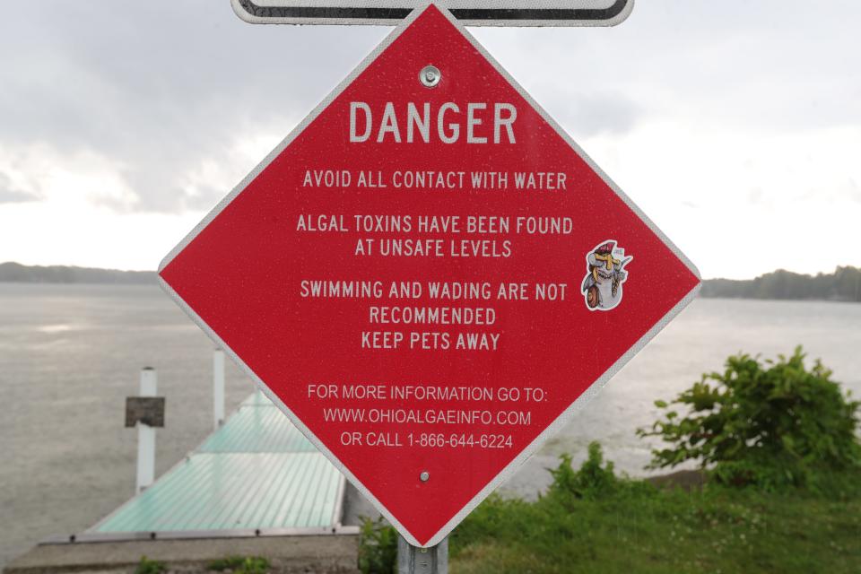 Signs along Springfield Lake alert residents to the dangers of entering the water on July 3 in Springfield Township.