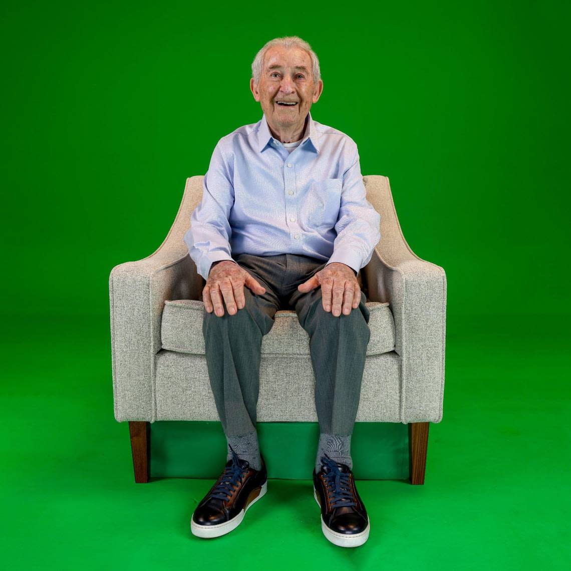 Holocaust survivor David Schaecter waits to be interviewed by a team making a holograph of him on Tuesday, Jan. 24, 2023. The hologram will be displayed at the future Boston Holocaust Museum and other museums across the country.