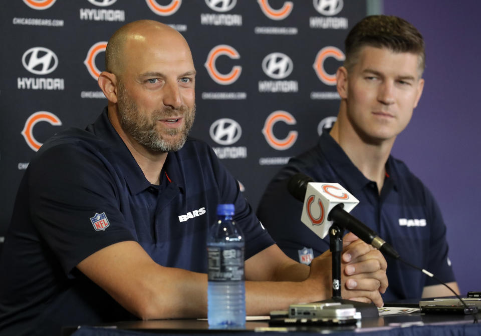 FILE - Chicago Bears head coach Matt Nagy, left, speaks as general manager Ryan Pace looks on at a news conference during an NFL football training camp in Bourbonnais, Ill., July 19, 2018. The Chicago Bears decided to make sweeping changes and fired general manager Ryan Pace and coach Matt Nagy on Monday, Jan. 10, 2022, hoping new leadership in the front office and on the sideline will lift a struggling franchise. (AP Photo/Nam Y. Huh, File)