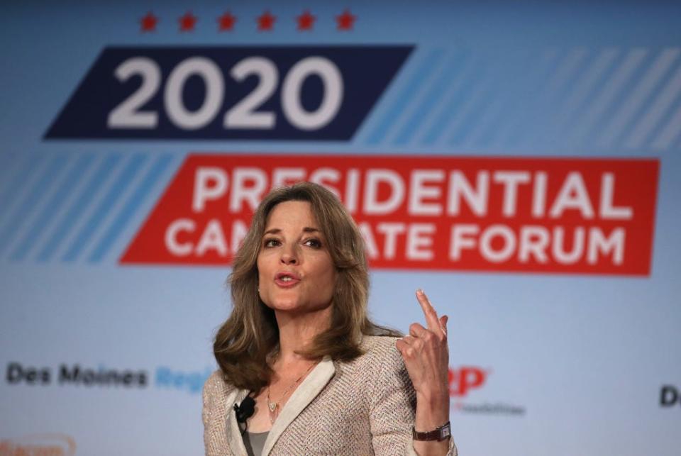 SIOUX CITY, IOWA - JULY 19: Democratic presidential hopeful author and activist Marianne Williamson speaks during the AARP and The Des Moines Register Iowa Presidential Candidate Forum on July 19, 2019 in Sioux City, Iowa. (Photo by Justin Sullivan/Getty Images) ORG XMIT: 775373296 ORIG FILE ID: 1163042761