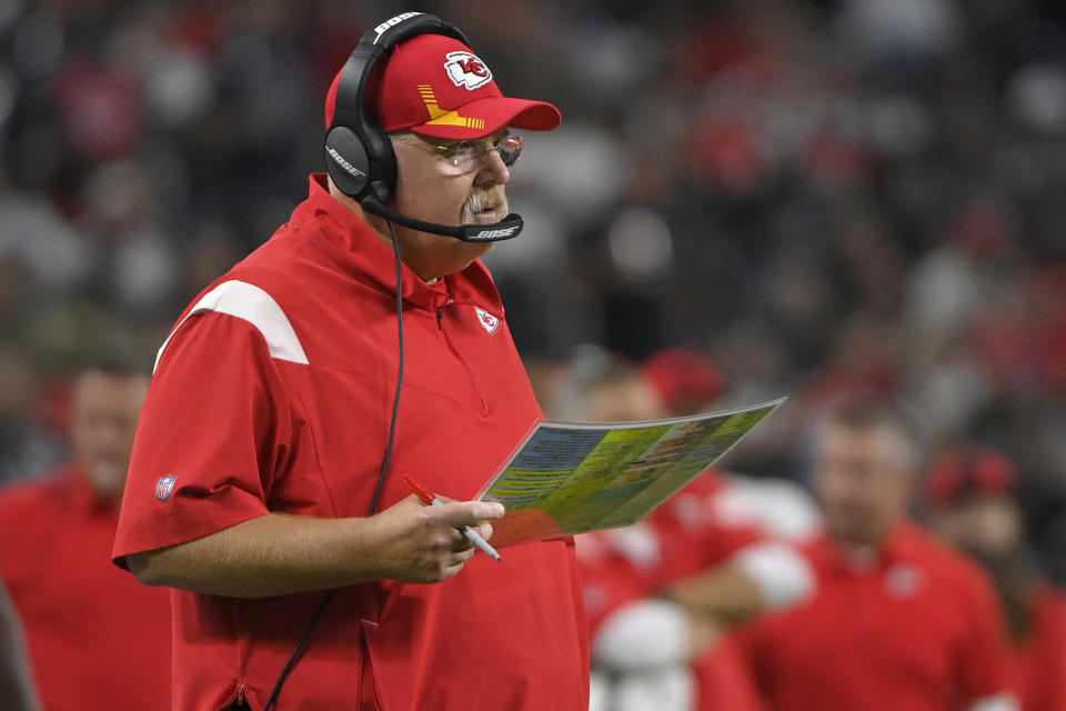 Kansas City Chiefs head coach Andy Reid looks toward the field during the first half of an NFL football game against the Las Vegas Raiders, Sunday, Nov. 14, 2021, in Las Vegas. (AP Photo/David Becker)