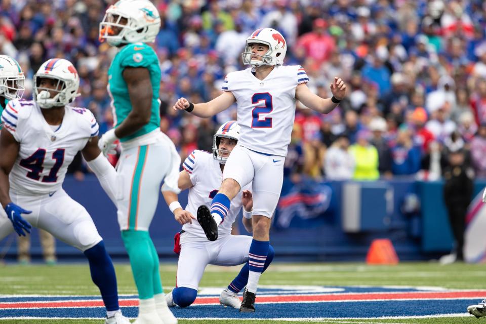 Buffalo Bills kicker Tyler Bass (2) watches after kicking a field goal during an NFL football game, Sunday, Oct. 31, 2021 in Orchard Park, NY.