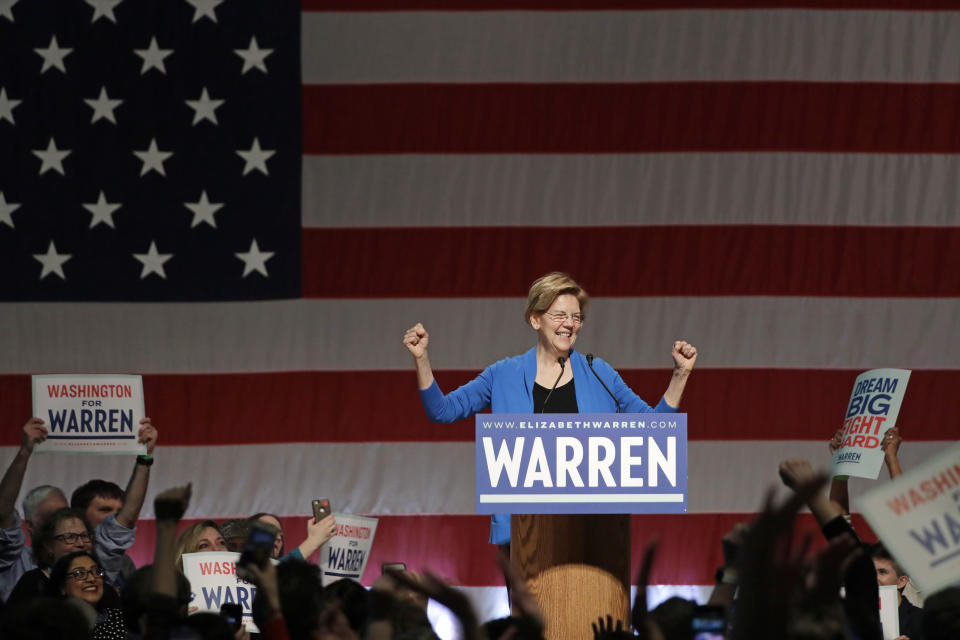 Democratic presidential candidate U.S. Sen. Elizabeth Warren, D-Mass., speaks during a campaign event Saturday, Feb. 22, 2020, in Seattle. (AP Photo/Elaine Thompson)