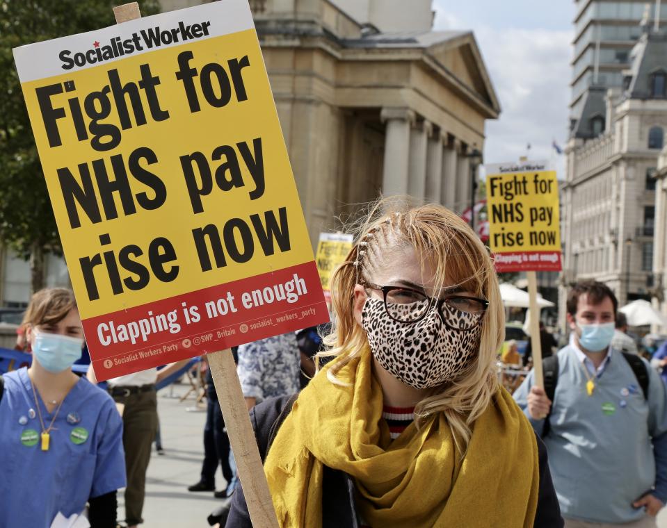 LONDON, UNITED KINGDOM- SEPTEMBER 12: NHS workers attend the 'March for Pay' Demonstration in London, United Kingdom on September 12, 2020. (Photo by Hasan Esen/Anadolu Agency via Getty Images)