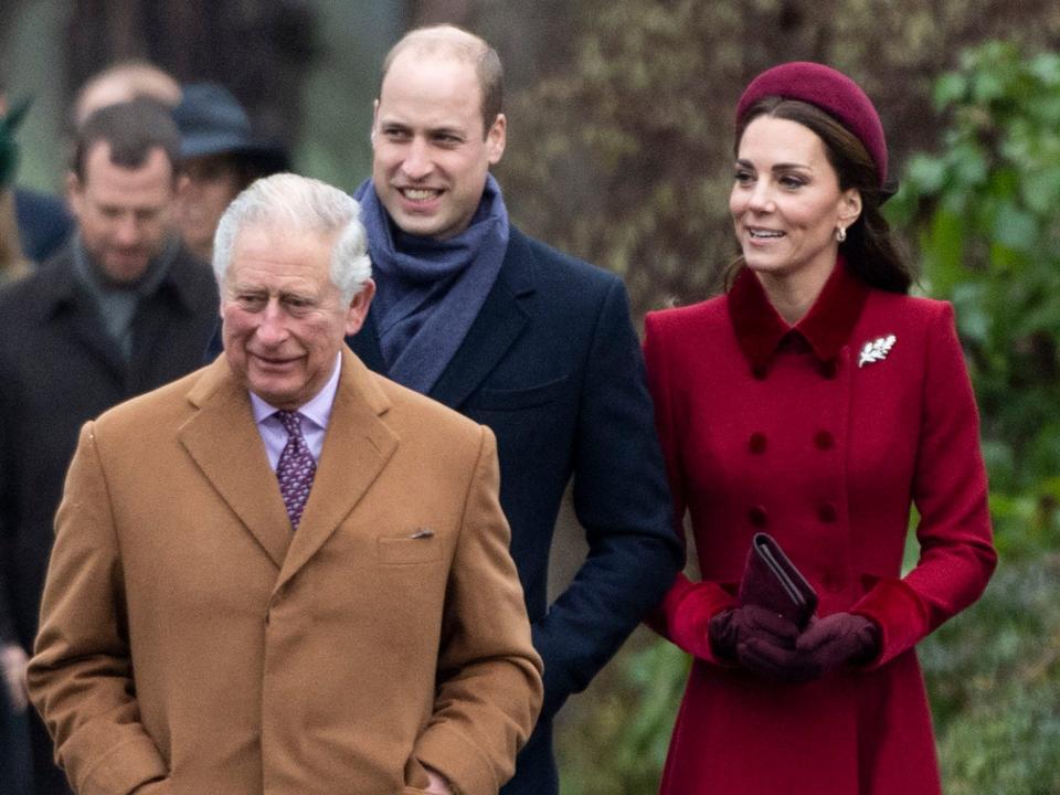 Prince Charles, Prince of Wales with Prince William, Duke of Cambridge, and Catherine, Duchess of Cambridge attend Christmas Day Church service at Church of St Mary Magdalene on the Sandringham estate on December 25, 2018 in King's Lynn, England.