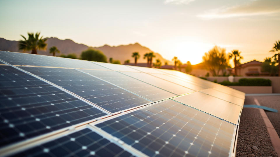 A close up of a solar panel array in a suburban neighborhood.