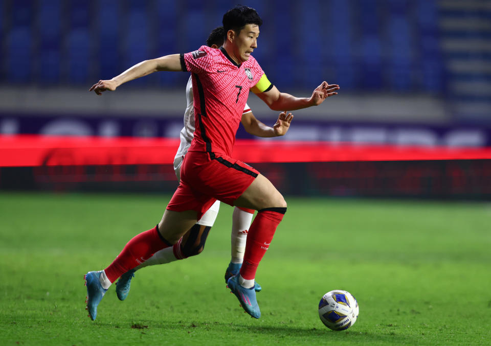 Son Heung Min of South Korea controls the ball