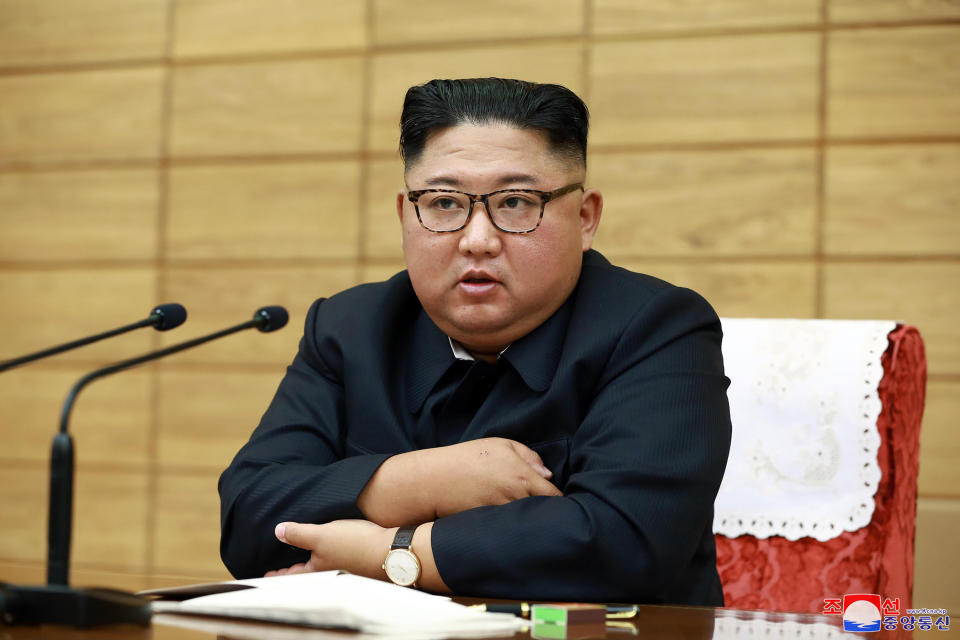 In this Friday, Sept. 6, 2019, photo provided by the North Korean government, North Korean leader Kim Jong Un attends an emergency meeting to discuss disaster prevention efforts against Typhoon Lingling, in North Korea. Independent journalists were not given access to cover the event depicted in this image distributed by the North Korean government. The content of this image is as provided and cannot be independently verified. Korean language watermark on image as provided by source reads: "KCNA" which is the abbreviation for Korean Central News Agency. (Korean Central News Agency/Korea News Service via AP)