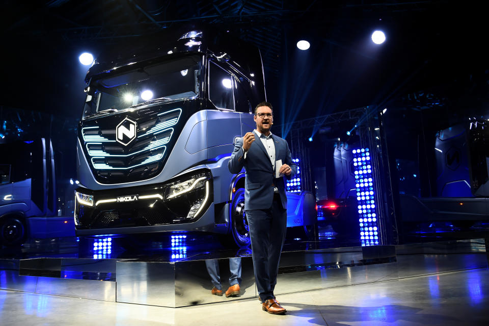 CEO and founder of U.S. Nikola Trevor Milton speaks during presentation of its new full-electric and hydrogen fuel-cell battery trucks in partnership with CNH Industrial, at an event in Turin, Italy, December 2, 2019. REUTERS/Massimo Pinca