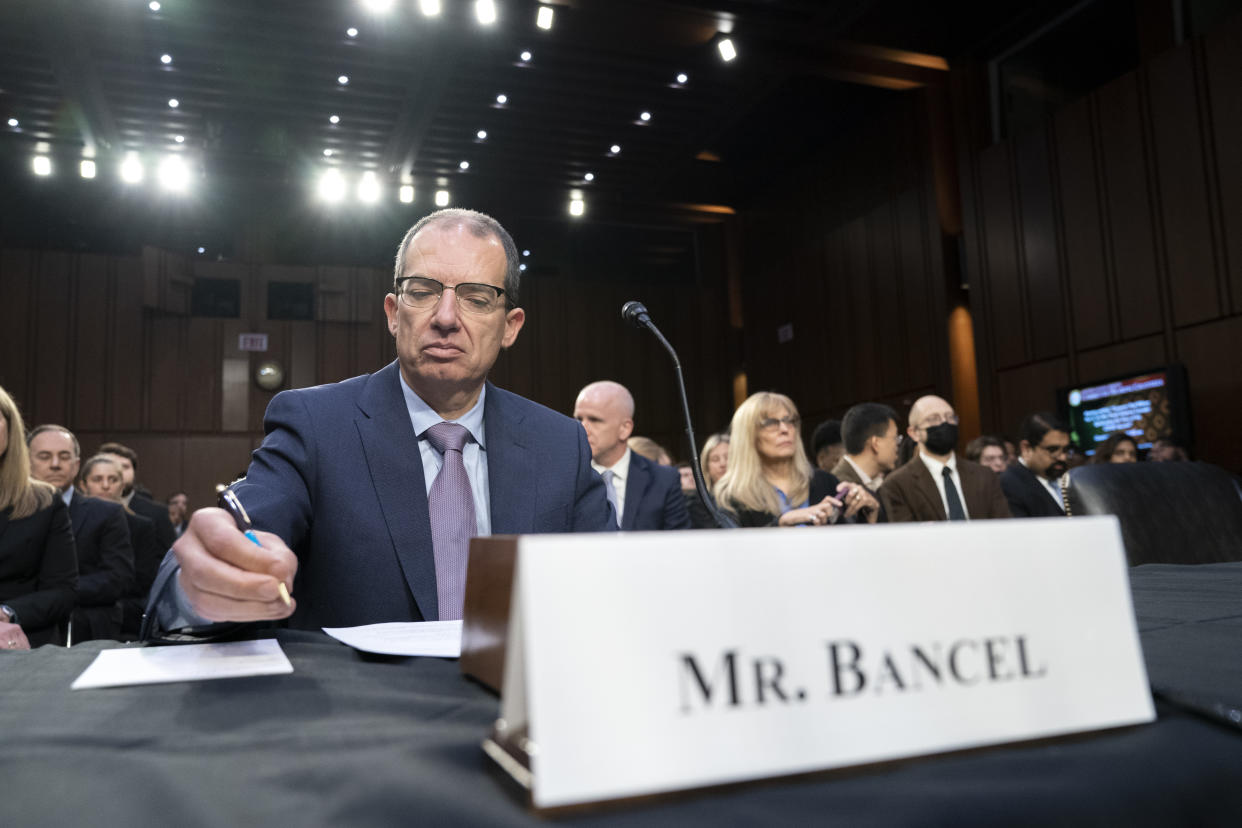 Moderna CEO and Director Stephane Bancel arrives to testify to the Senate HELP Committee on the price of the COVID-19 vaccine, Wednesday, March 22, 2023, on Capitol Hill in Washington. (AP Photo/Jacquelyn Martin)