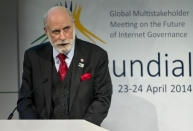 Computer scientist Vint Cerf from the U.S. addresses the opening ceremony of NETmundial, a major conference on the future of Internet governance in Sao Paulo, Brazil, Wednesday, April 23, 2014. Brazil has cast itself as a defender of Internet freedom following revelations last year that Brazil's President Dilma Rousseff was the object of surveillance by the United States' National Security Agency. (AP Photo/Andre Penner)