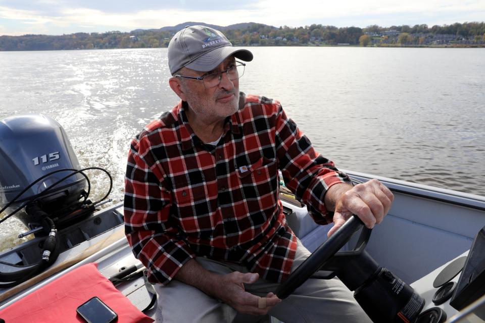 John Lipscomb, boat captain and vice president of advocacy for Riverkeeper, gives a tour of the Kingston area on the Hudson River Oct. 25, 2023.