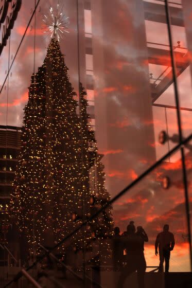 LOS ANGELES, CA - DECEMBER 22, 2022 - - A Christmas tree and a sunset are reflected in a glass facade at the The Music Center in downtown Los Angeles on December 22, 2022. (Genaro Molina / Los Angeles Times)