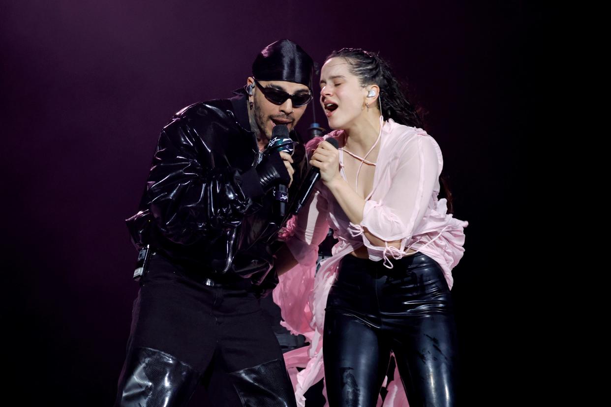 Rosalía, right, brought out then-fiancé Alejandro as her special guest during the first weekend of her residency at the Coachella Valley Music and Arts Festival.