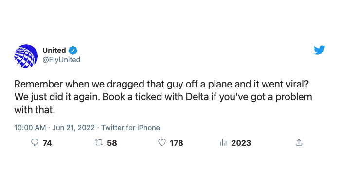 A fake tweet reading "Remember when we dragged that guy off a plane and it went viral? We just did it again. Book a ticked with Delta if you've got a problem with that."