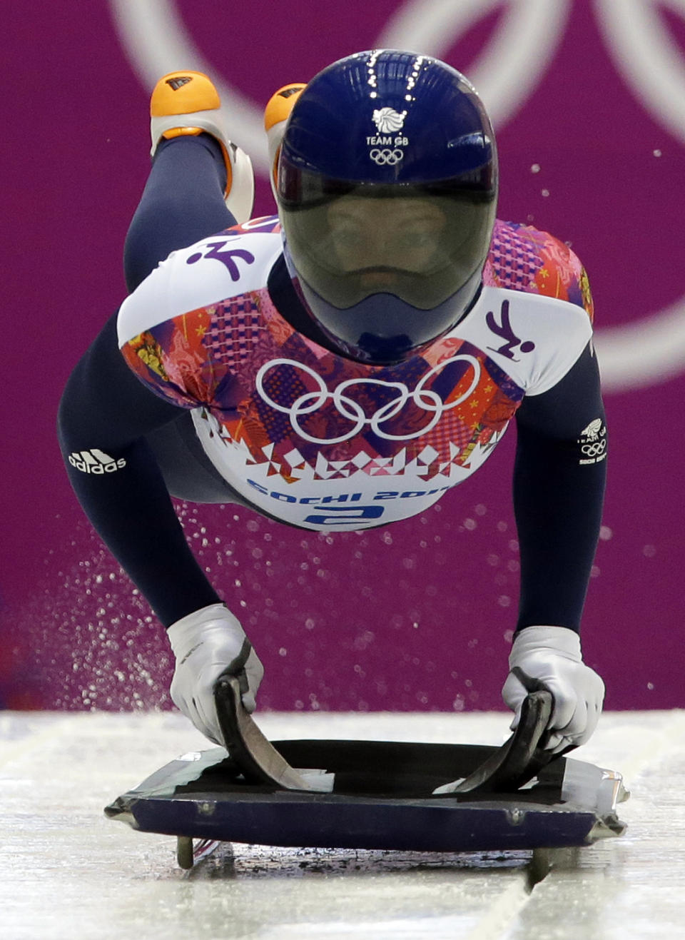 Elizabeth Yarnold of Great Britain starts her first run during the women's skeleton competition at the 2014 Winter Olympics, Thursday, Feb. 13, 2014, in Krasnaya Polyana, Russia. (AP Photo/Dita Alangkara)