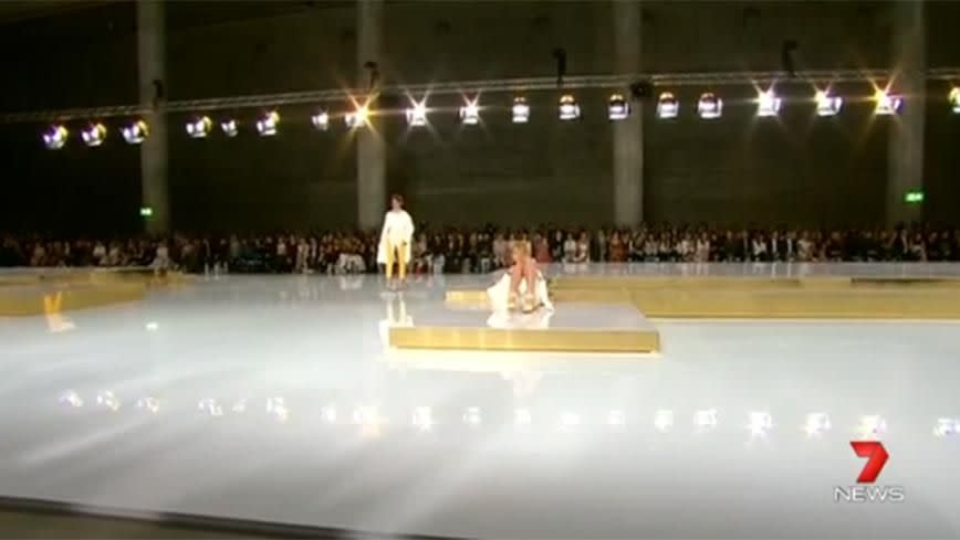 Model handles her tumble like a pro at the Toni Maticevski show. Photo: Channel 7