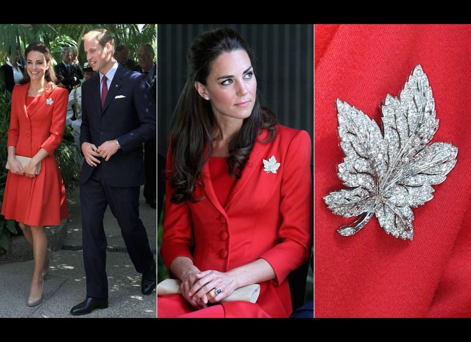 Catherine Walker coat and dress, maple leaf brooch from Queen Elizabeth II and nude heels by LK Bennett. (Getty photos)