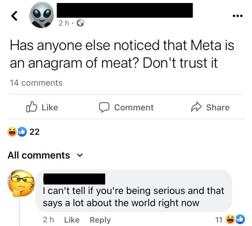 person saying meta is an anagram of meat so they don't trust that