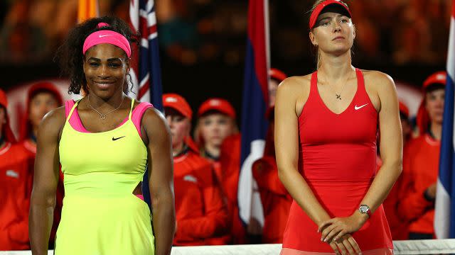 Serena and Sharapova after Williams' win in the 2015 Australian Open final. Image: Getty