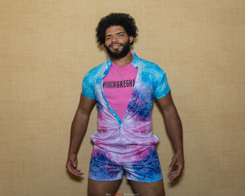 Juan Adams wore his anti-Greg Hardy shirt to check-in for UFC San Antonio fight week on Tuesday, July 16. (Photo courtesy Mike “The Truth” Jackson)