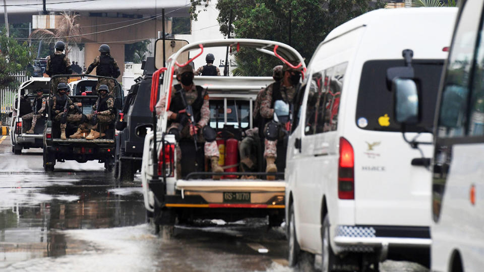 Soldiers, pictured here escorting vehicles carrying Sri Lankan and Pakistani cricketers as they leave the National Cricket Stadium in Karachi.