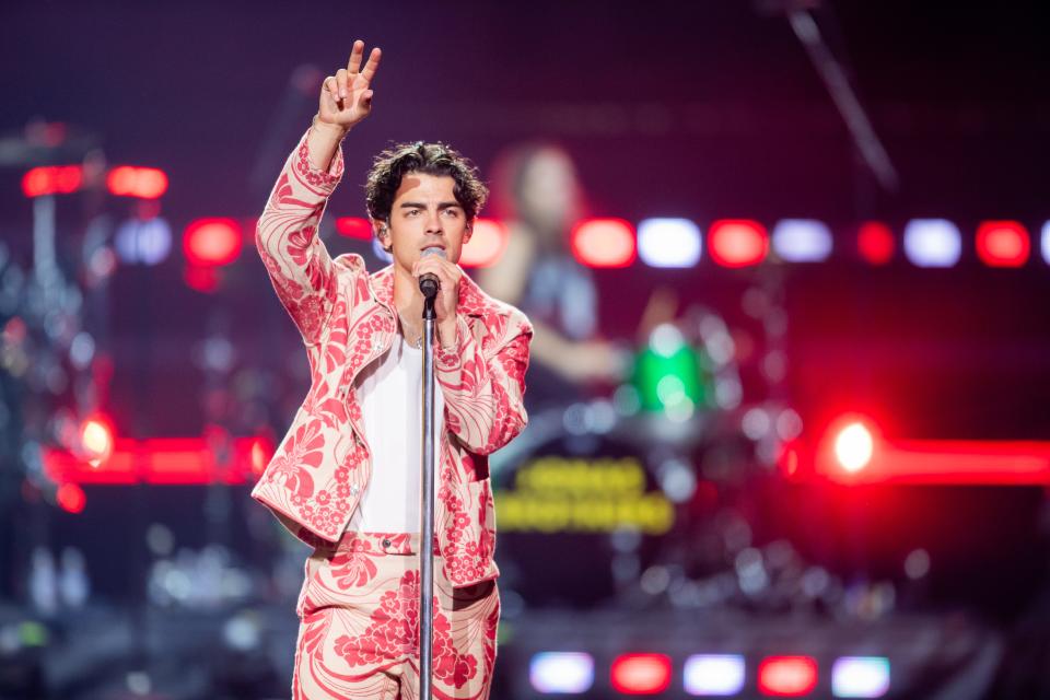 Joe Jonas sings "S.O.S." during the Jonas Brothers' performance at Footprint Center in Phoenix on Sept. 6, 2023.