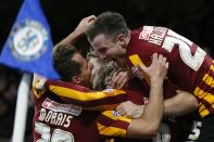 Bradford City's Filipe Morais (L) celebrates with team mate Andy Halliday after scoring against Chelsea during their FA Cup fourth round soccer match at Stamford Bridge in London January 24, 2015. REUTERS/Stefan Wermuth (BRITAIN - Tags: SPORT SOCCER)