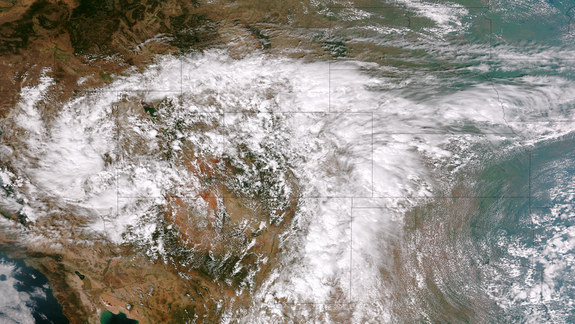 This image from the Suomi NPP satellite's VIIRS sensor from the evening of September 11, 2013, shows the storm system that has devastated towns in the foothills of the Rockies in central Colorado.