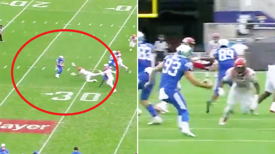 Max Duffy (pictured left) attempting to punt the ball for Kentucky and (pictured right) faking a kick. 