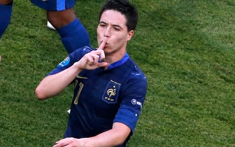 Nasri puts a finger to his mouth&#160; - Credit: Reuters