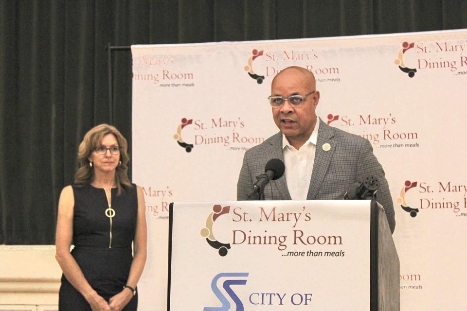 St. Mary's Dining Hall CEO Petra Linden and City Manager Harry Black answer questions at a press conference announcing the Pathways Project in downtown Stockton on Monday, July 24, 2023.