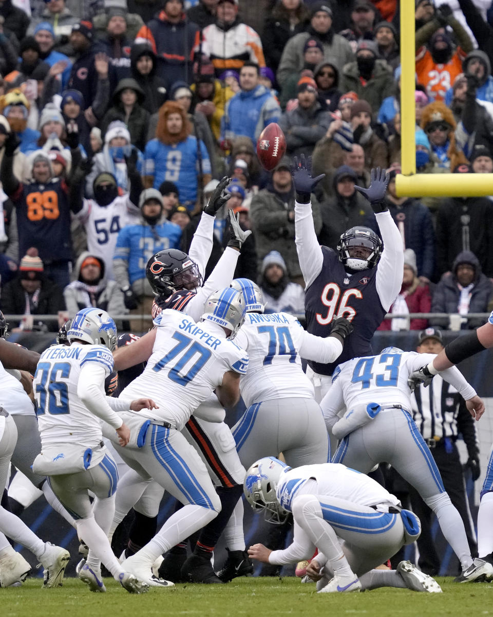 Detroit Lions place kicker Riley Patterson watches his extra point attempt sail left, during the first half of an NFL football game against the Chicago Bears Sunday, Dec. 10, 2023, in Chicago. (AP Photo/Nam Y. Huh)