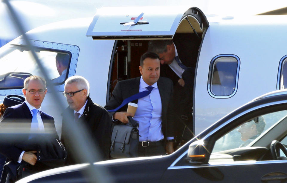 Ireland's Prime Minister Leo Varadkar arrives at Liverpool Airport, north west England, ahead of private talks with Britain's Prime Minister Boris Johnson on Thursday Oct. 10, 2019. (Peter Byrne/PA via AP)