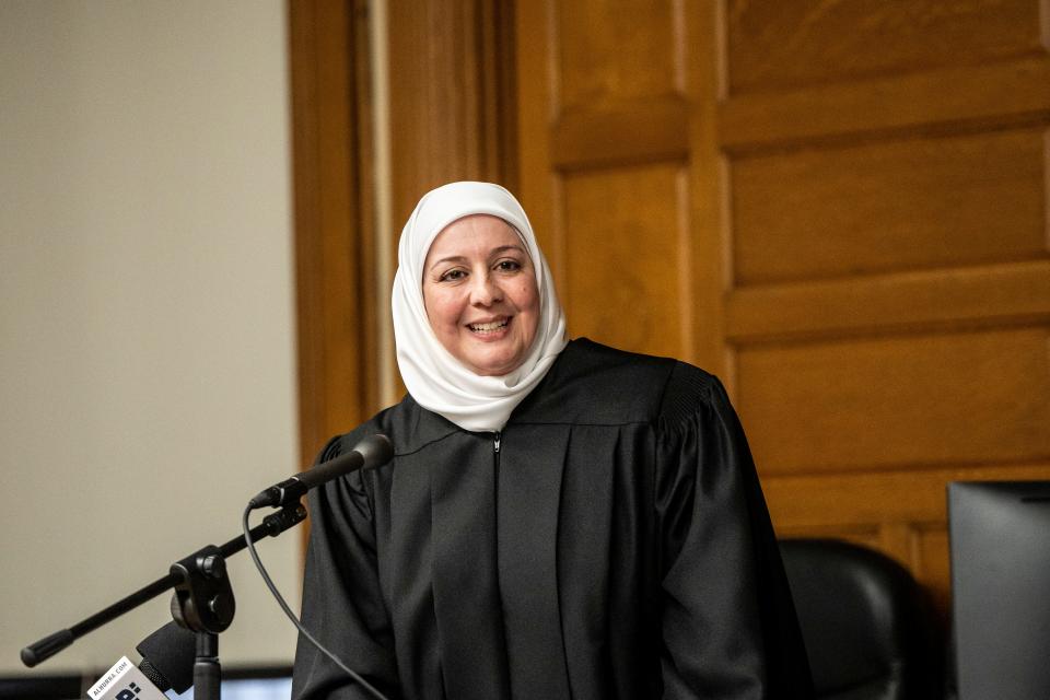 Nadia Kahf, a family law and immigration attorney from Wayne, is sworn in as judge of the New Jersey Superior Court during a ceremony in Paterson on Tuesday, March 21, 2023. Kahf is the first judge to wear a hijab on the bench in NJ. 