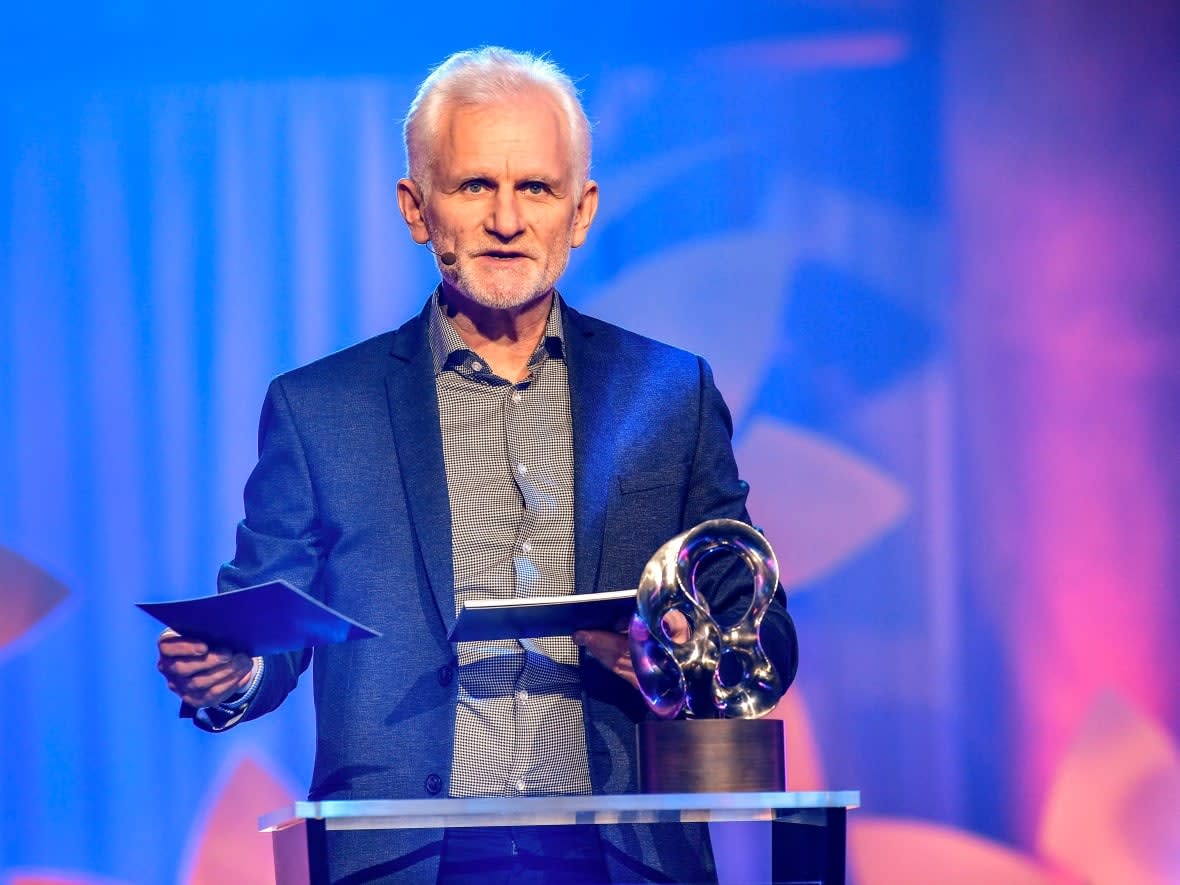 Belarusian human rights activist Ales Bialiatski speaks at an event in Stockholm on Dec. 3, 2020. He has since been imprisoned pending a trial as Belarus has cracked down on opposition figures since a disputed 2020 election. (Anders Wiklund/TT News Agency/Getty Images - image credit)