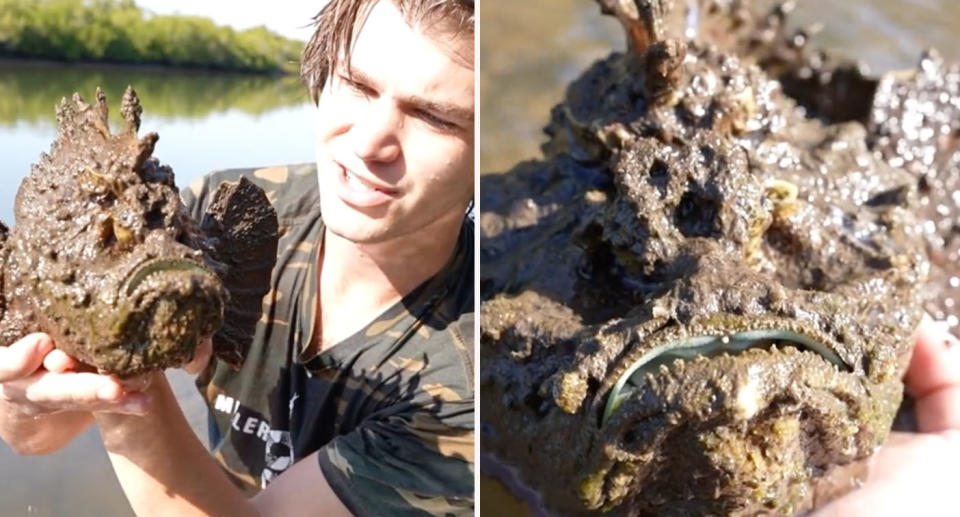 Miller Wilson holding dangerous stonefish with hands. 