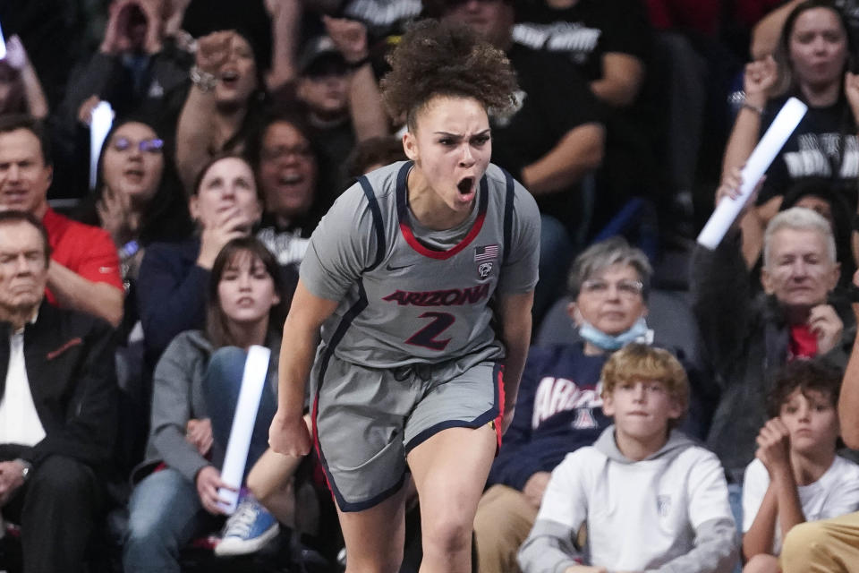 Arizona's Jada Williams (2) reacts as her team makes a comeback against Colorado during the first half of an NCAA college basketball game Friday, Jan. 5, 2024, in Tucson, Ariz. (AP Photo/Darryl Webb)