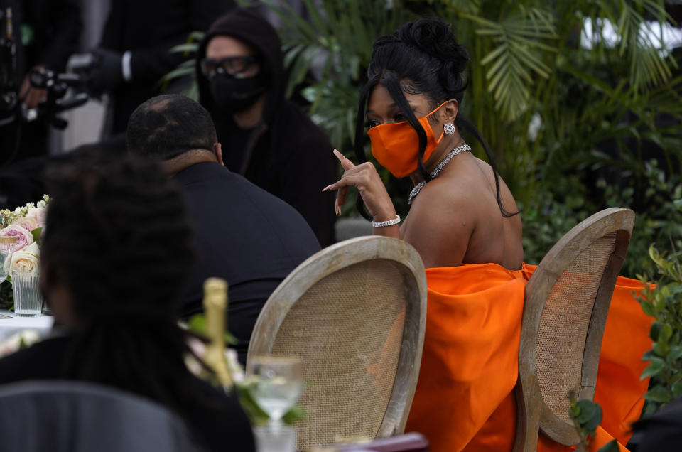 Megan Thee Stallion is seen at the 63rd annual Grammy Awards at the Los Angeles Convention Center on Sunday, March 14, 2021. (AP Photo/Chris Pizzello)