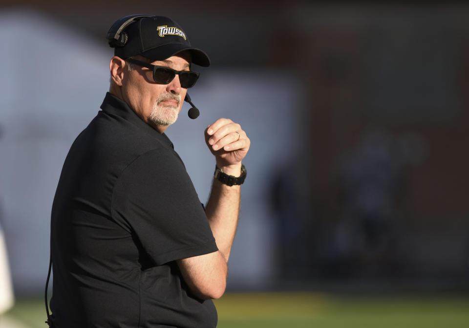 Towson coach Pete Shinnick watches the team play against Maryland during an NCAA college football game Saturday, Sept. 2, 202, in College Park, Md. (AP Photo/Steve Ruark)