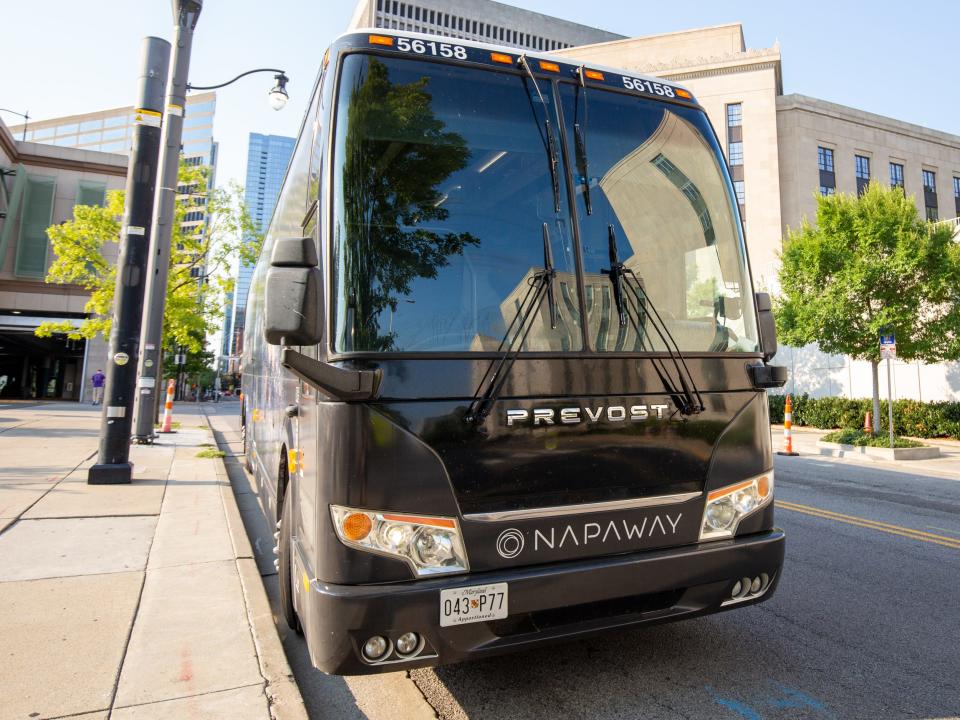 The front exterior of the Napaway coach on a bright cloudless day.