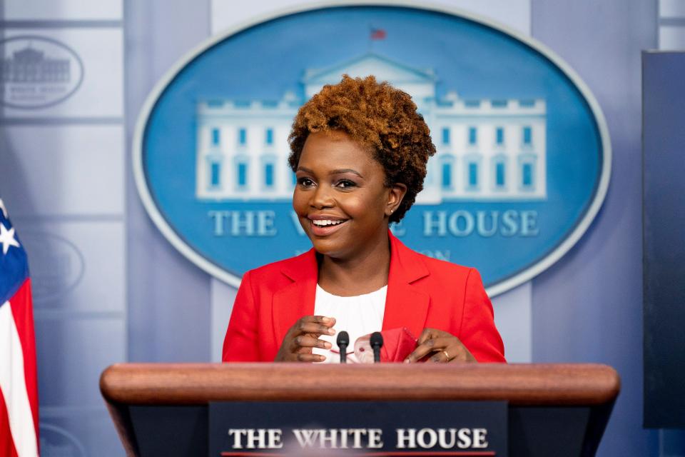 White House deputy press secretary Karine Jean-Pierre smiles as she arrives for a press briefing at the White House in Washington, Thursday, Nov. 4, 2021.