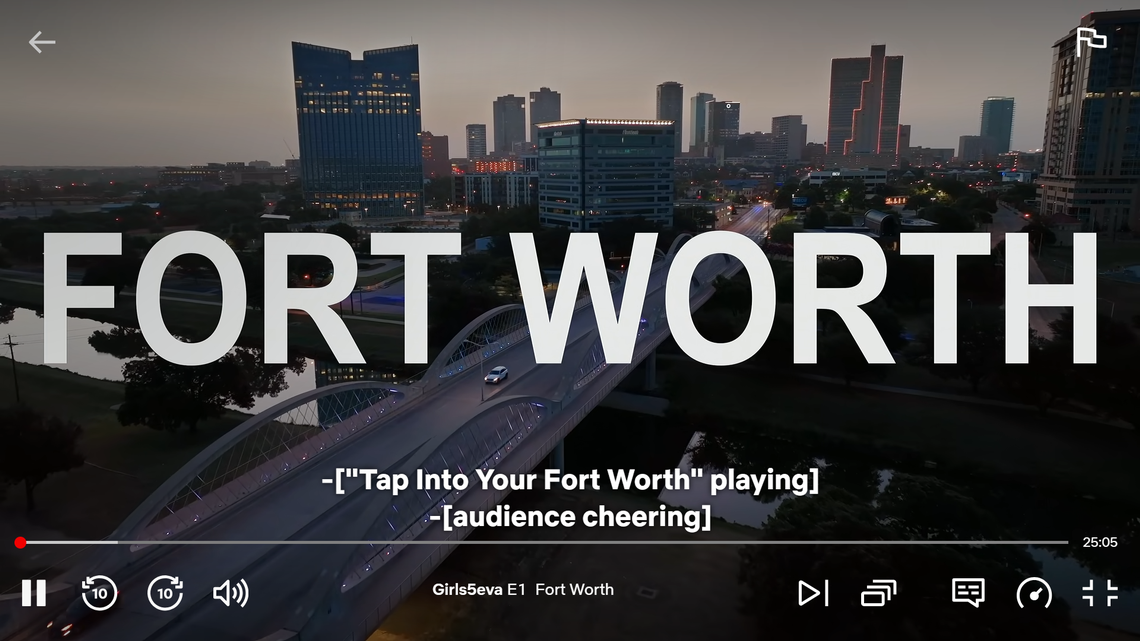 The Fort Worth skyline is shown in the season 3 premiere of “Girls5eva”. Screenshot/Netflix