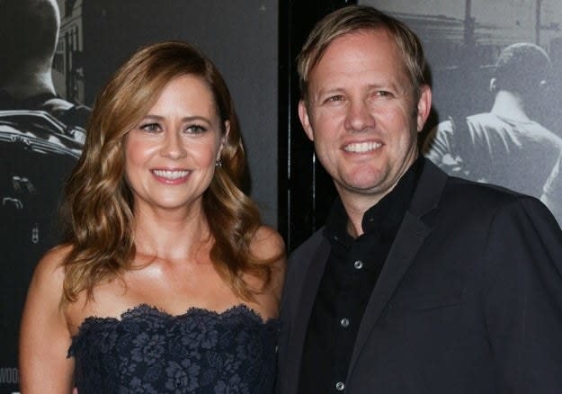 Jenna Fischer and Director Lee Kirk pose at the "15:17 To Paris" premiere on February 5, 2018