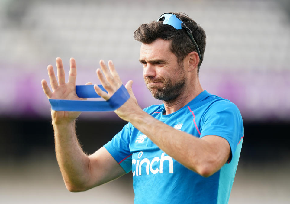 <p>England's James Anderson during a nets session at Emerald Headingley, Leeds. Picture date: Monday August 23, 2021.</p>
