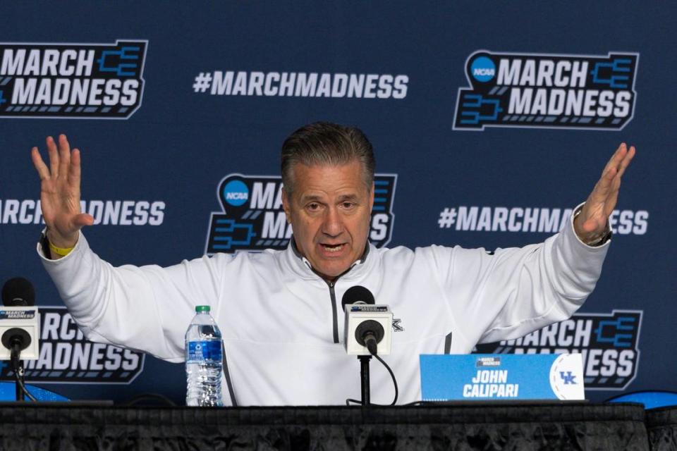 Kentucky head coach John Calipari speaks at a press conference before an open practice ahead of the team’s first-round NCAA Tournament loss to Oakland.