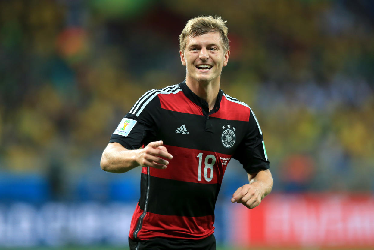 Germany's Toni Kroos celebrates scoring his side's third goal of the game during the FIFA World Cup Semi Final at Estadio Mineirao, Belo Horizonte, Brazil.   (Photo by Mike Egerton/PA Images via Getty Images)